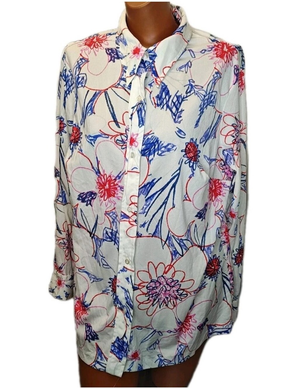 Vtg 70s Very Vera Neumann Top Shirt Hippie Flower US L Sz 44 White Dagger Collar